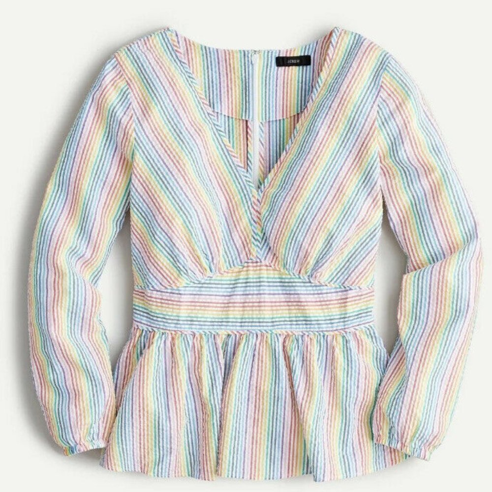 J. Crew V Neck Peplum Top Rainbow Seersucker Size